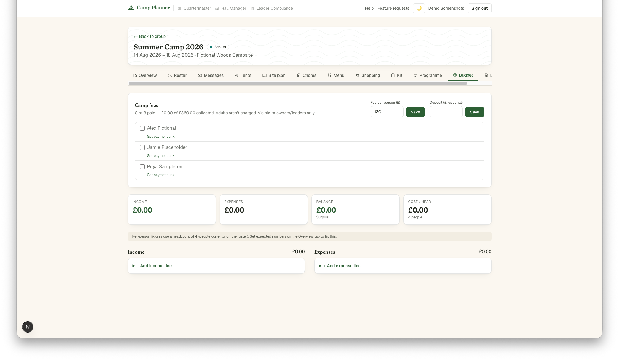 A camp's budget tab showing the fee per person, camp fees panel and income/expenses summary